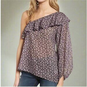 McGuire One Shoulder Ruffled Top Womens Large Floral Cotton Lightweight Blouse